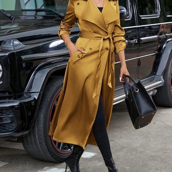 Roll Up Sleeve Belted Satin Trench Coat yellow - Picture 3 of 6